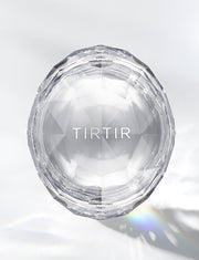 ProtoClinical k-beauty TIRTIR Mask Fit Crystal Mesh Cushion SPF50+ PA++++ 15g (15shades) tall detail graphic with a pale white left panel, gray vertical band, and dark black right side