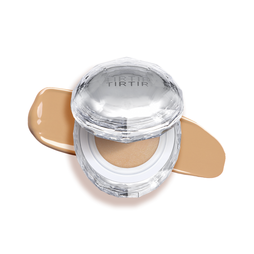 ProtoClinical k-beauty TIRTIR Mask Fit Crystal Mesh Cushion SPF50+ PA++++ 15g (15shades) square detail graphic with pale cream background, dark side panel, and muted gray vertical shading