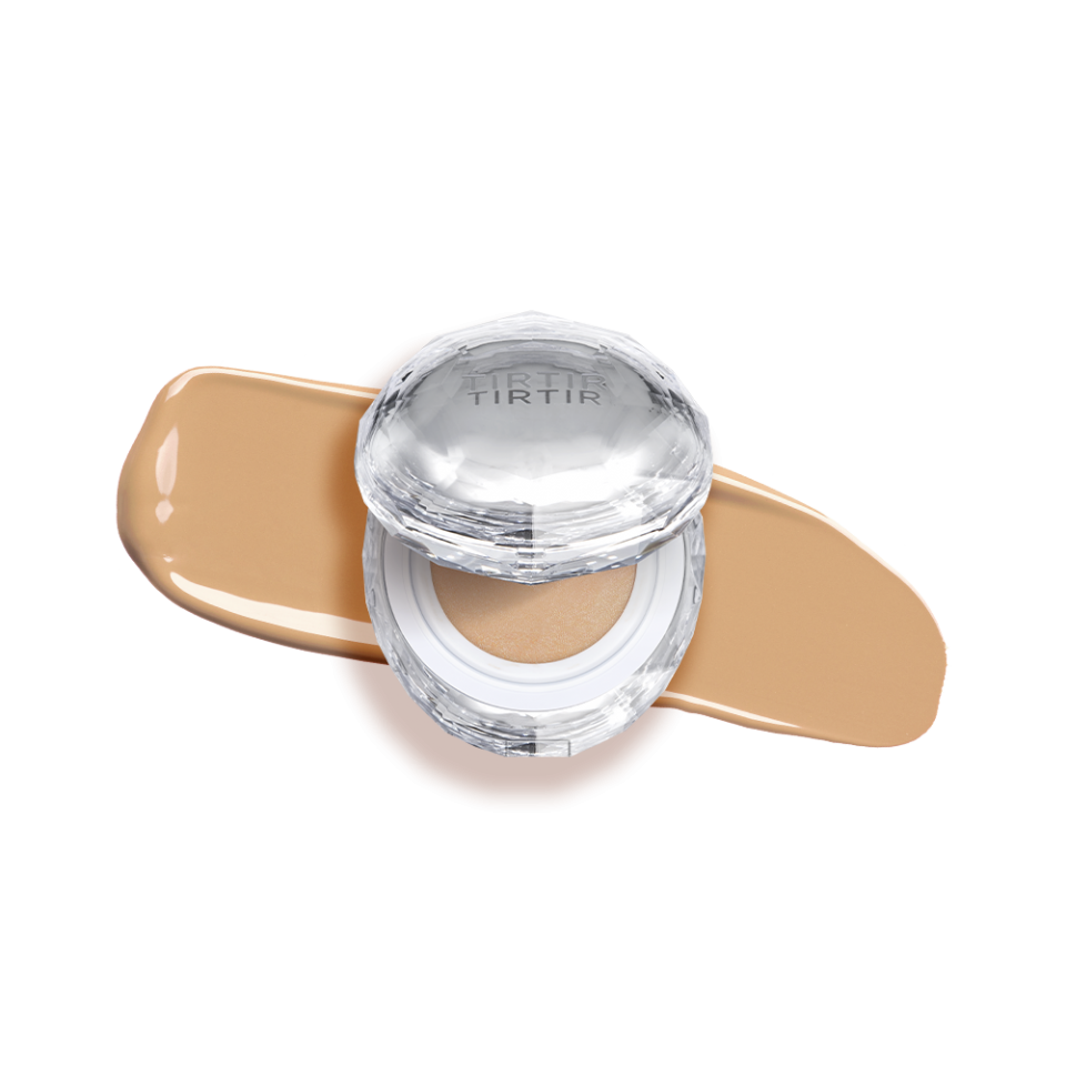 ProtoClinical k-beauty TIRTIR Mask Fit Crystal Mesh Cushion SPF50+ PA++++ 15g (15shades) square detail graphic with pale cream background, dark side panel, and muted beige vertical shading