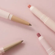 ProtoClinical k-beauty colorgram All In One Over-Lip Maker 0.7g close-up of four angled dual-ended lip pencils with beige liner tips and rosy balm tips on a pale pink background