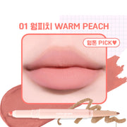 ProtoClinical k-beauty colorgram All In One Over-Lip Maker 0.7g coral-pink horizontal lip swatch with a warm peach center band on a pale background