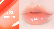 ProtoClinical k-beauty colorgram Fruity Glass Gloss 3g peach-coral horizontal gloss swatch strip with an orange left block and muted rose center band