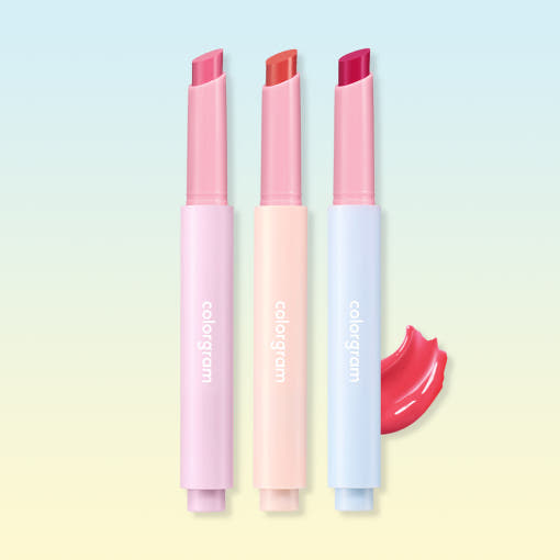 ProtoClinical k-beauty colorgram Fruity Glass Stick 1.8g square lip stick packshot with pink balm packaging, slim stick shapes, and a clean light product layout