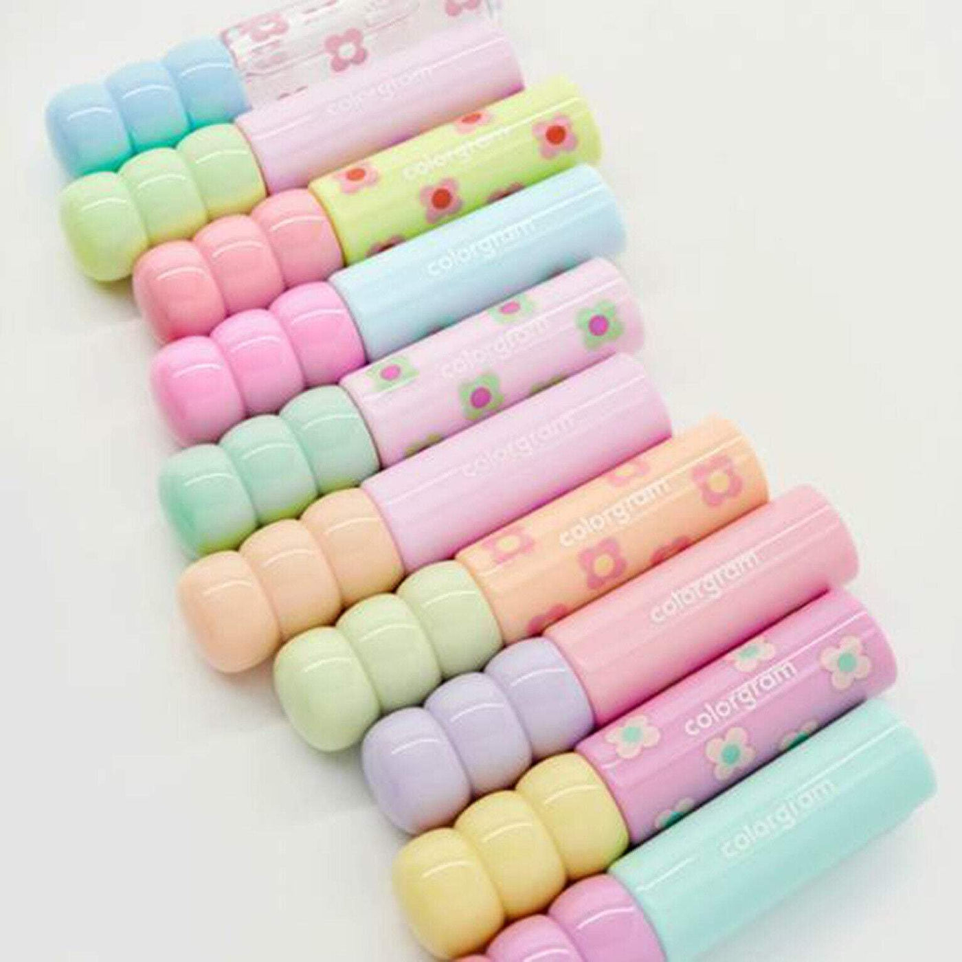 ProtoClinical k-beauty colorgram Fruity Glass Tint 2.8g 10-shade lip tint lineup with multiple colors shown together in a square layout