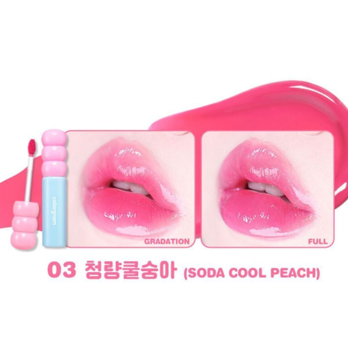 ProtoClinical k-beauty colorgram Fruity Glass Tint 2.8g single vivid pink lip swatch in a wide horizontal band on a pale mint and blush background