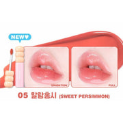 ProtoClinical k-beauty colorgram Fruity Glass Tint 2.8g single warm coral lip swatch in a wide horizontal band on a pale mint and blush background