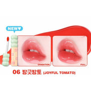 ProtoClinical k-beauty colorgram Fruity Glass Tint 2.8g single coral-red lip swatch in a wide horizontal band on a pale mint and blush background