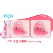 ProtoClinical k-beauty colorgram Fruity Glass Tint 2.8g single pink-red lip swatch in a wide horizontal band on a pale mint and blush background