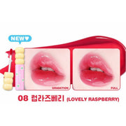 ProtoClinical k-beauty colorgram Fruity Glass Tint 2.8g single deep berry-pink lip swatch in a wide horizontal band on a pale mint and blush background