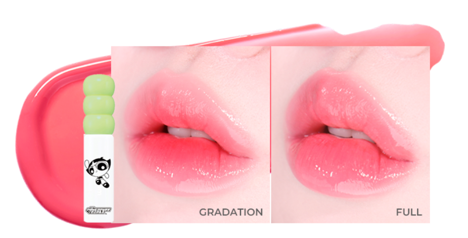 ProtoClinical k-beauty colorgram Fruity Glass Tint 2.8g single soft pink lip tint swatch in a wide horizontal band on a pale mint and blush background