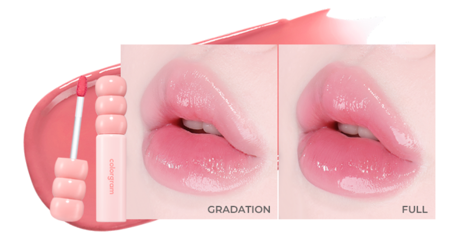 ProtoClinical k-beauty colorgram Fruity Glass Tint 2.8g single rosy-pink lip tint swatch in a wide horizontal band on a pale mint and blush background