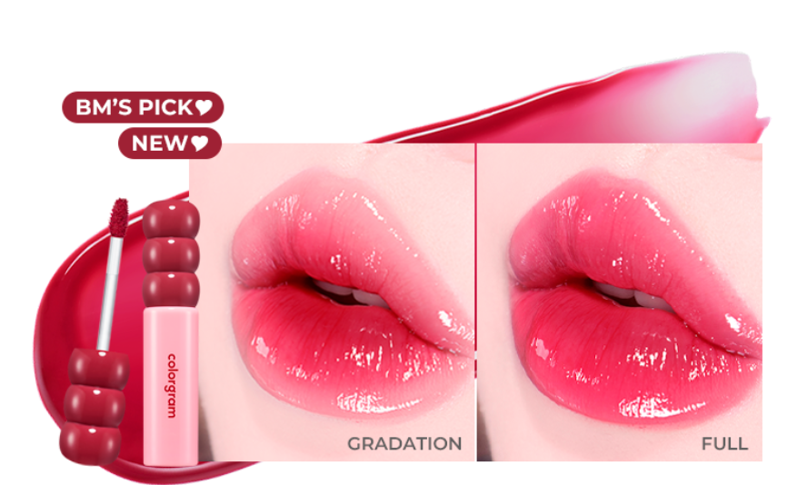 ProtoClinical k-beauty colorgram Fruity Glass Tint 2.8g single rosy coral lip tint swatch in a wide horizontal band on a pale mint and blush background