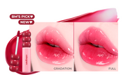 ProtoClinical k-beauty colorgram Fruity Glass Tint 2.8g single rosy coral lip tint swatch in a wide horizontal band on a pale mint and blush background