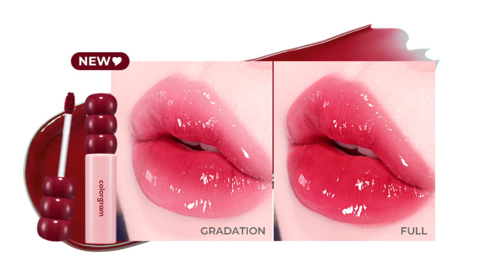 ProtoClinical k-beauty colorgram Fruity Glass Tint 2.8g single warm pink lip tint swatch in a wide horizontal band on a pale mint and blush background