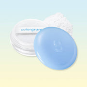 ProtoClinical k-beauty colorgram Tintin Dory Blur Powder 4g single round blue powder compact centered on a pale blue and soft yellow background