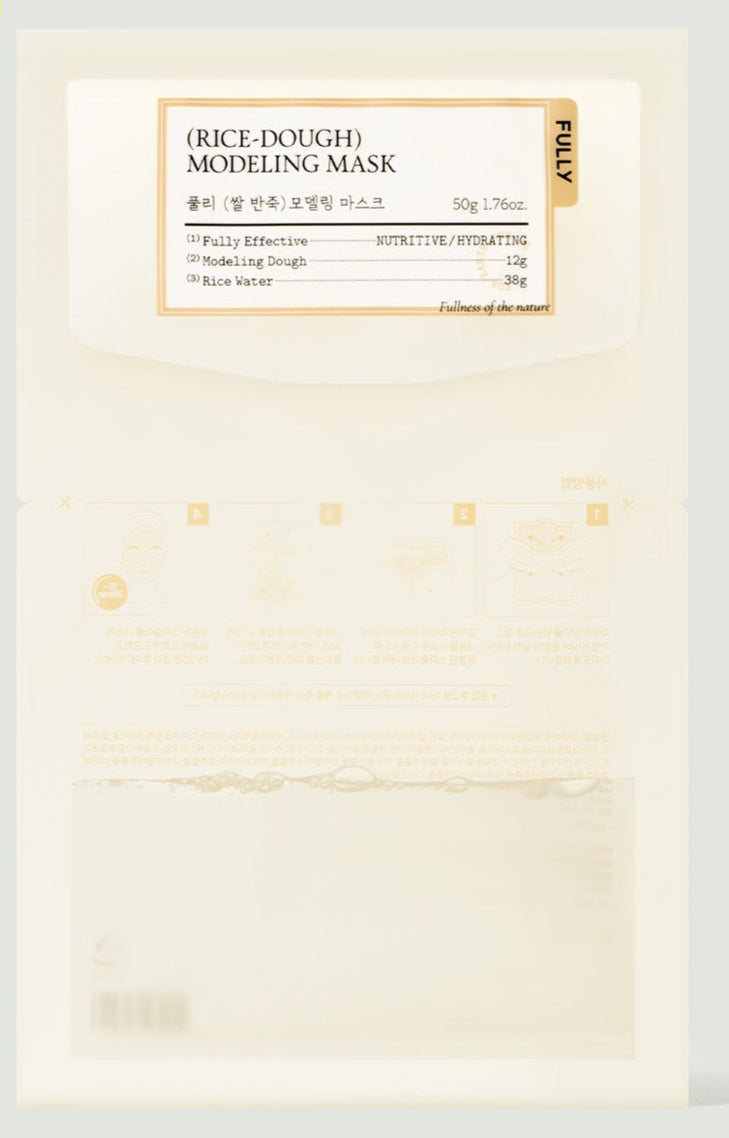 ProtoClinical k-beauty FULLY RICE-DOUGH MODELING MASK 50g*4ea single pale rectangular mask packet centered on a plain light background