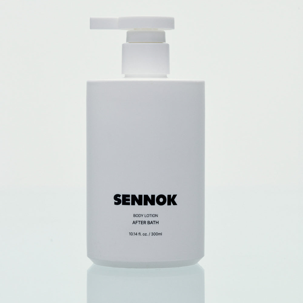 SENNOK Body Lotion After Bath 300ml by ProtoClinical shown as a soft gray body lotion bottle silhouette on a pale blue background for a k-beauty body care product.