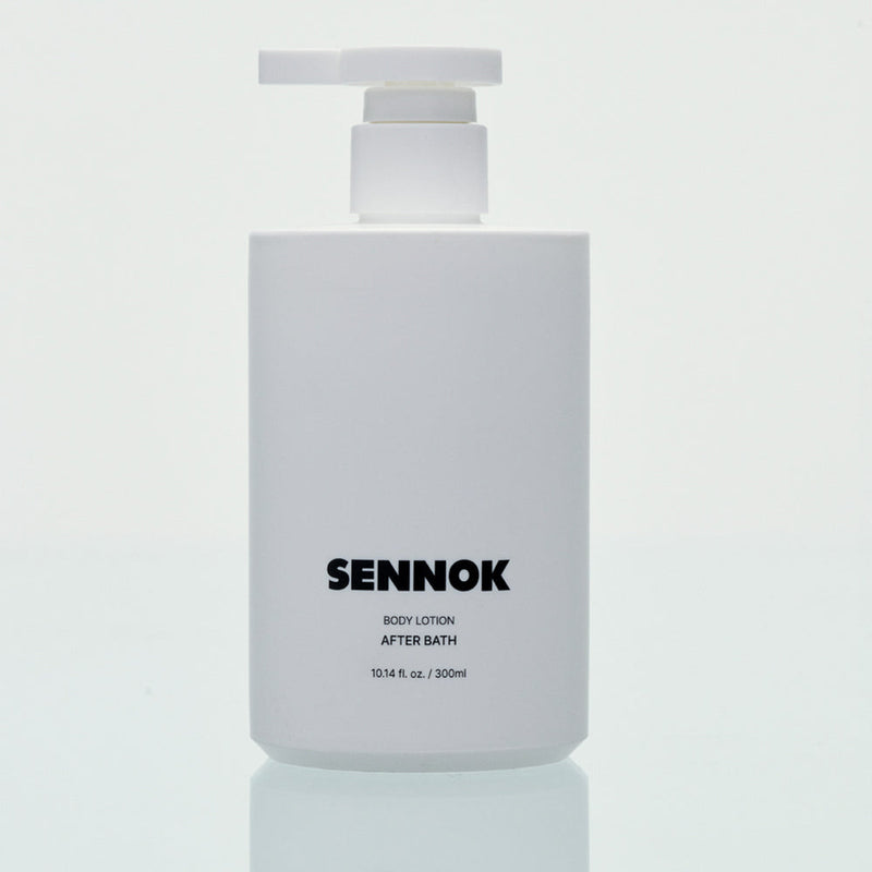 SENNOK Body Lotion After Bath 300ml by ProtoClinical shown as a soft gray body lotion bottle silhouette on a pale blue background for a k-beauty body care product.