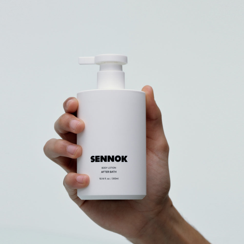 ProtoClinical k-beauty SENNOK Body Lotion After Bath 300ml body lotion packaging in warm beige and soft gray tones on a light background.