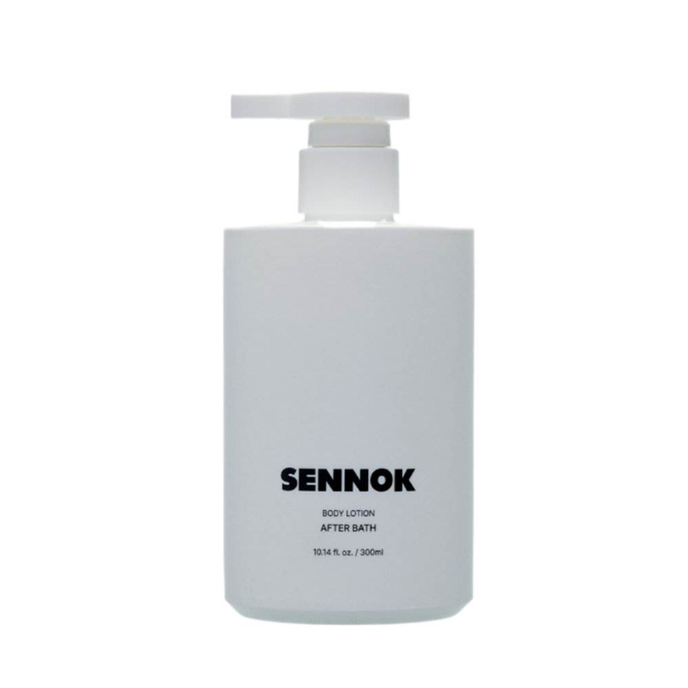 SENNOK Body Wash After Bath 300ml by ProtoClinical shown as a dark body wash bottle silhouette on a soft white background for a k-beauty body care product.
