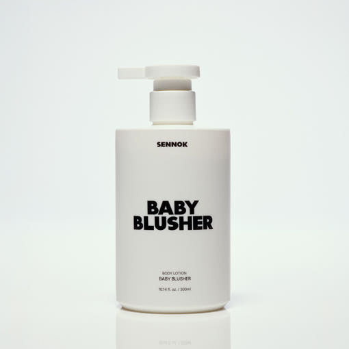 SENNOK Body Lotion Baby Blusher 300ml by ProtoClinical shown as a pale body lotion bottle silhouette on a soft cream background for a k-beauty body care product.