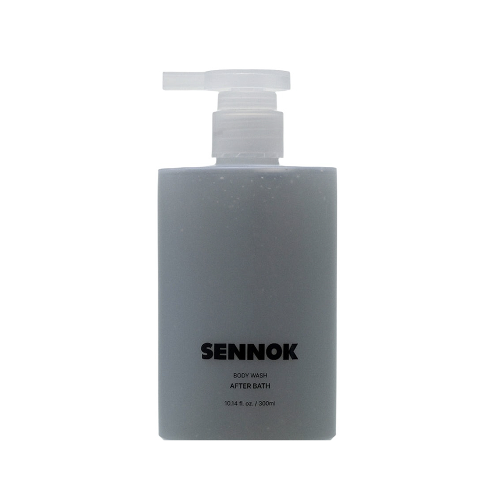 SENNOK Body Wash After Bath 300ml by ProtoClinical shown as a dark body wash bottle silhouette on a soft white background for a k-beauty body care product.