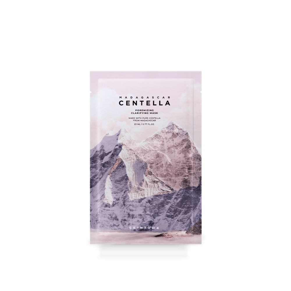 SKIN1004: Madagascar Centella Poremizing Clarifying Mask 23ml* (5Units) by ProtoClinical shown in a square product graphic with sheet mask packaging and pore-care details for a k-beauty skincare routine.