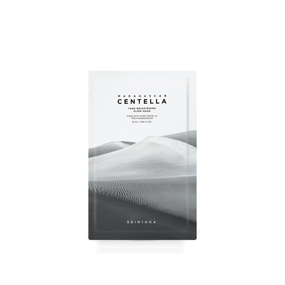 SKIN1004: Madagascar Centella Tone Brightening Glow Mask 25ml* (5Units) by ProtoClinical shown in a square product graphic with sheet mask packaging and brightening-themed details for a k-beauty skincare routine.
