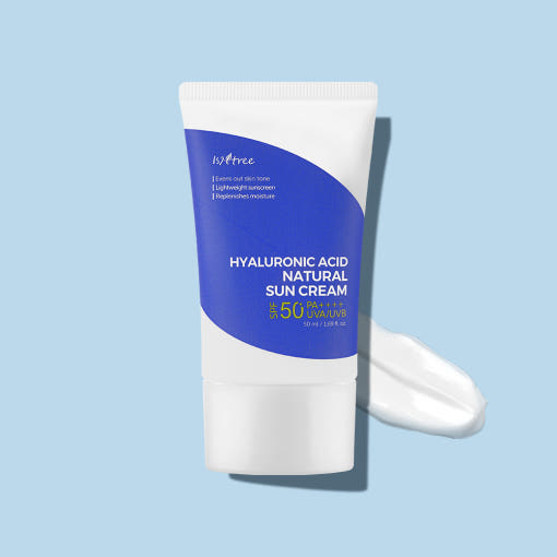 ProtoClinical k-beauty Isntree Hyaluronic Acid Natural Suncream SPF50+PA++++ 50ml single upright suncream tube shown in a square studio packshot on a light background
