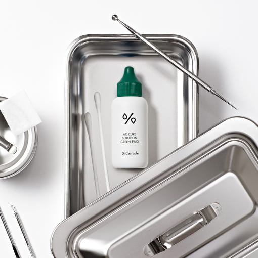 ProtoClinical k-beauty Dr.Ceuracle AC Cure Solution Green Two 50ml single upright bottle centered on a dark green background