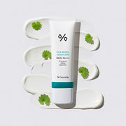 ProtoClinical k-beauty Dr.Ceuracle Cica Regen Vegan Sun SPF50+ PA++++ 50ml upright white sunscreen tube with a teal band over layered white cream smears and green leaves