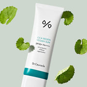 ProtoClinical k-beauty Dr.Ceuracle Cica Regen Vegan Sun SPF50+ PA++++ 50ml angled white sunscreen tube with a teal band surrounded by green centella leaves on a pale green background
