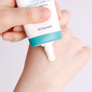 ProtoClinical k-beauty Dr.Ceuracle Cica Regen Vegan Sun SPF50+ PA++++ 50ml close-up of a white tube with a teal band dispensing cream onto the back of a hand