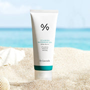 ProtoClinical k-beauty pale blue beauty graphic with soft vertical white bands and muted beige lower corners.