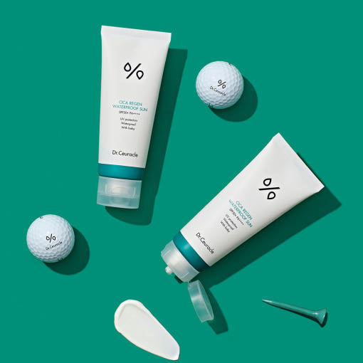 ProtoClinical k-beauty teal beauty graphic with a soft pale vertical glow and muted rounded side forms.