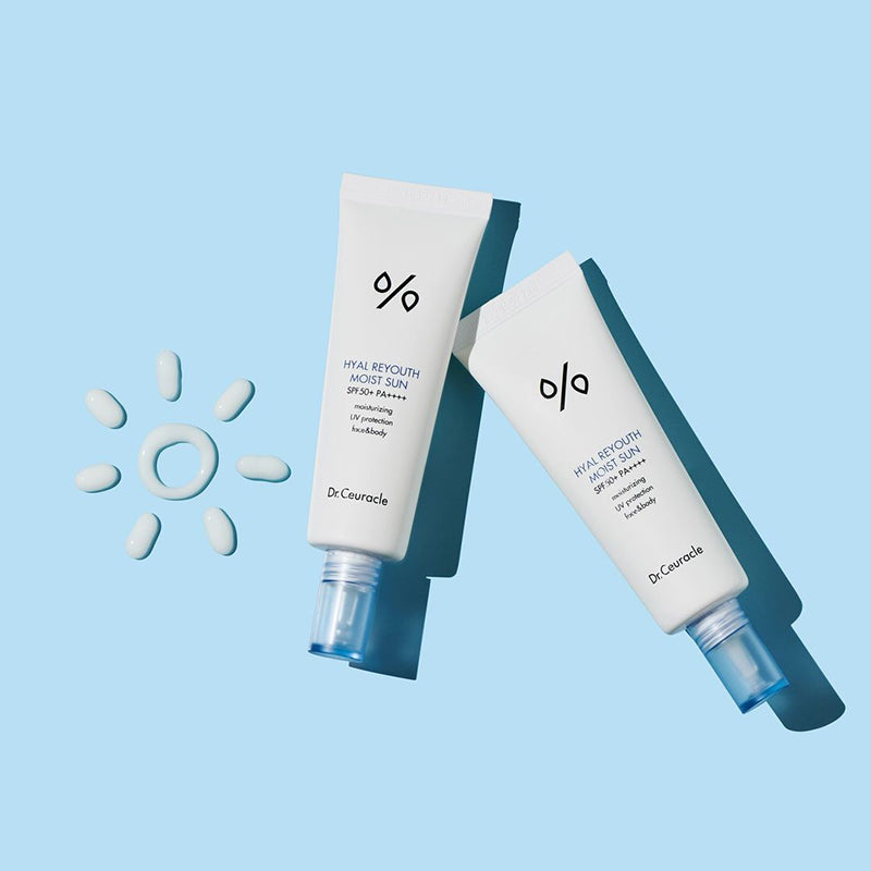 ProtoClinical k-beauty aqua and lavender beauty graphic with a bright vertical center and darker lower accents.