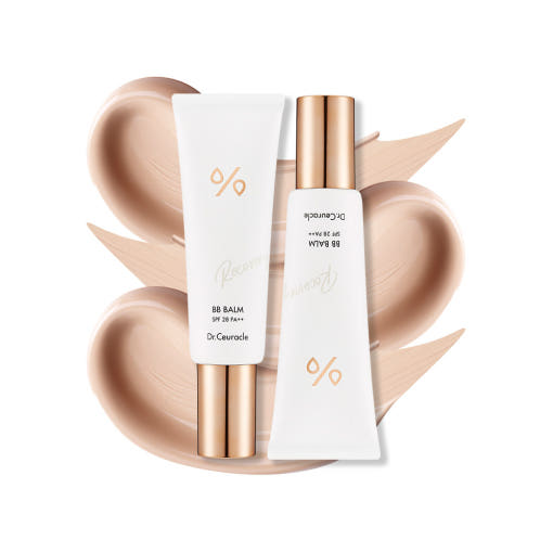 ProtoClinical k-beauty soft peach beauty graphic with two muted gray vertical forms on a light background.