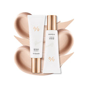 ProtoClinical k-beauty soft peach beauty graphic with two muted gray vertical forms on a light background.