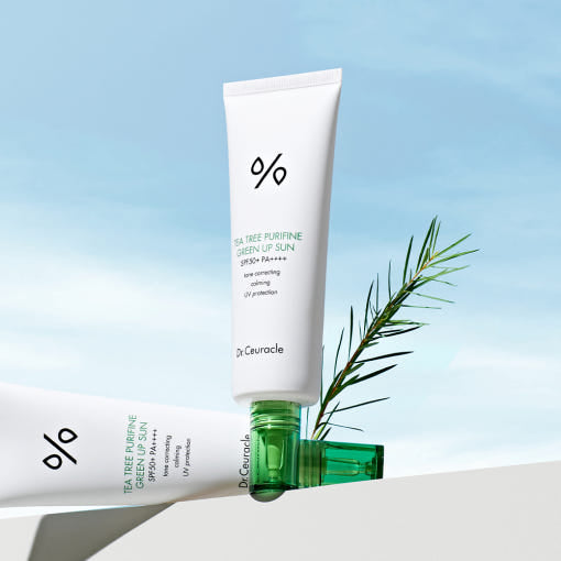 ProtoClinical k-beauty Dr.Ceuracle Tea Tree Purifine Green Up Sun SPF50 PA++++ 50ml single centered pale gray sunscreen package on a light blue and white background.