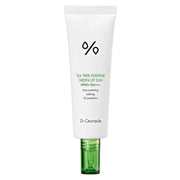 ProtoClinical k-beauty Dr.Ceuracle Tea Tree Purifine Green Up Sun SPF50 PA++++ 50ml single centered light gray sunscreen package on a white background with soft mint and peach side accents.