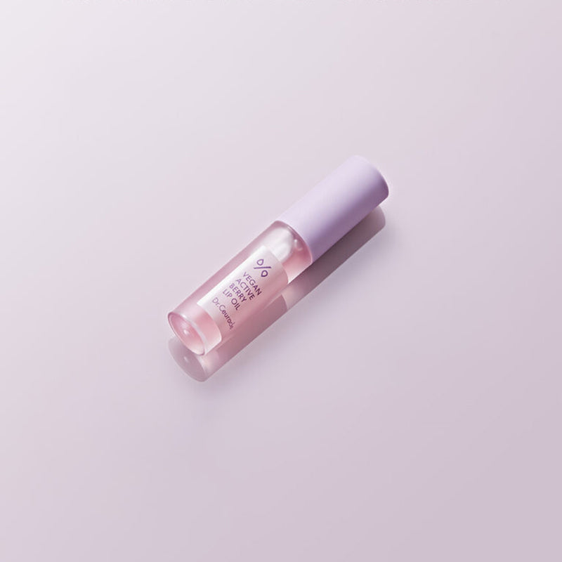 ProtoClinical k-beauty Dr.Ceuracle Vegan Active Berry Lip Oil 4.5ml product infographic with a single lip oil bottle, English text callouts, and a tall vertical layout