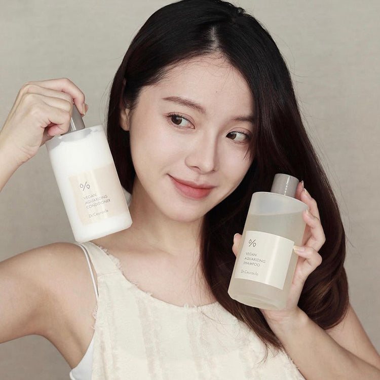 ProtoClinical k-beauty muted green and rose beauty graphic with a soft gray side band on a light background.