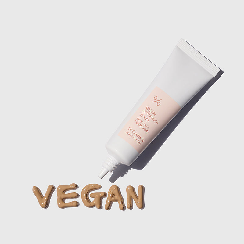 ProtoClinical k-beauty Dr.Ceuracle Vegan Kombucha Tea BB SPF30 PA++ 30m warm beige beauty graphic with a pale centered form and soft side shading on a light background.