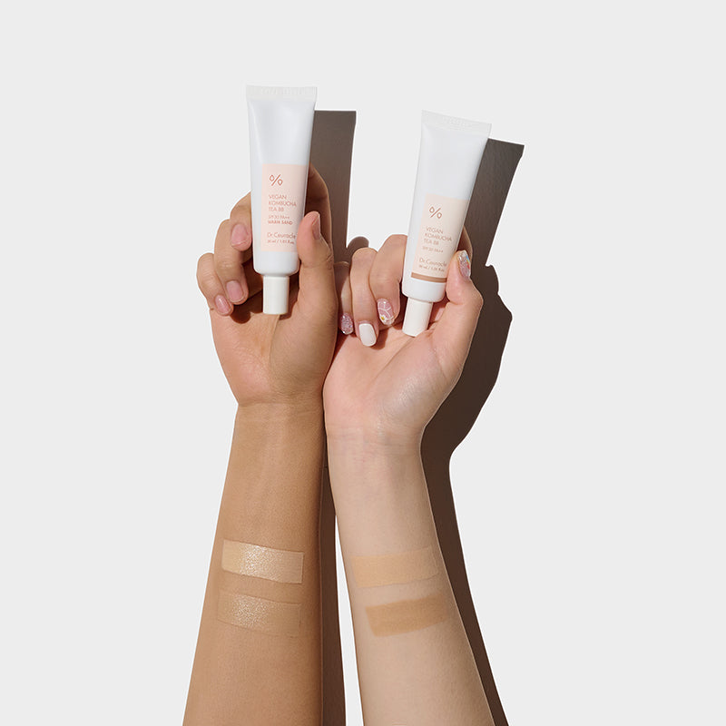 ProtoClinical k-beauty Dr.Ceuracle Vegan Kombucha Tea BB SPF30 PA++ 30m soft brown vertical beauty graphic with pale blue side bands on a light background.