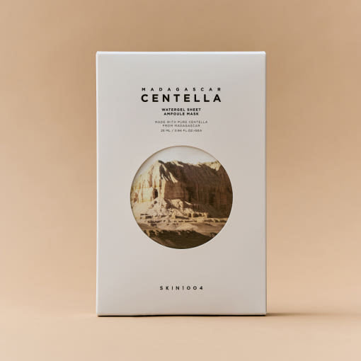 SKIN1004: Madagascar Centella Watergel Sheet Ampoule Mask 25ml* (5Units) by ProtoClinical presented in product packet packaging on a white background, highlighting the label details for a k-beauty skincare routine.
