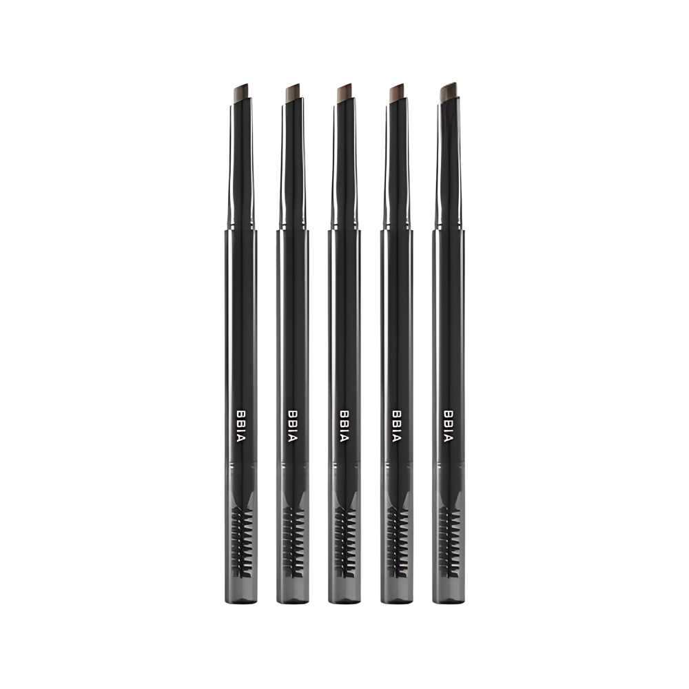 ProtoClinical k-beauty BBIA Last Auto Eyebrow Pencil 0.25g five slim dark eyebrow pencils standing upright side by side on a black background