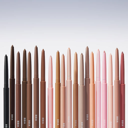 ProtoClinical k-beauty BBIA Last Auto Gel Eyeliner 0.3g with multiple upright eyeliner pencils side by side in taupe and rose-beige tones on a pale blue and white background