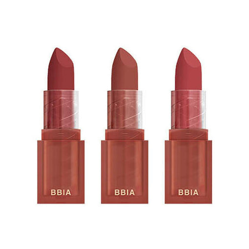 ProtoClinical k-beauty BBIA Last Powder Lipstick 3.5g three rosy nude lipstick tubes standing side by side with a soft pink center tone on a pale blue background
