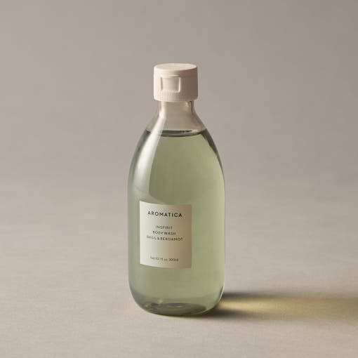 AROMATICA Inspirit Body Wash Basil & Bergamot 300ml by ProtoClinical displayed in a front-facing product image highlighting the body wash bottle for a k-beauty body care routine.