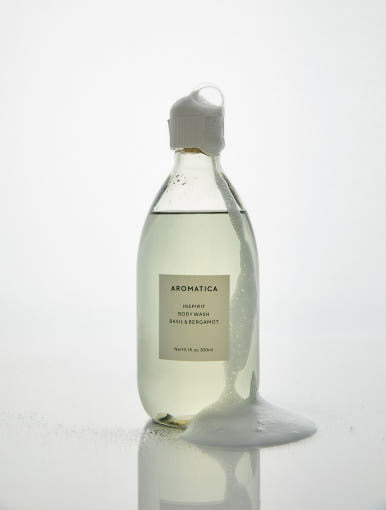 AROMATICA Inspirit Body Wash Basil & Bergamot 300ml by ProtoClinical shown in a polished product layout with the body wash bottle and packaging details for a k-beauty body care routine.